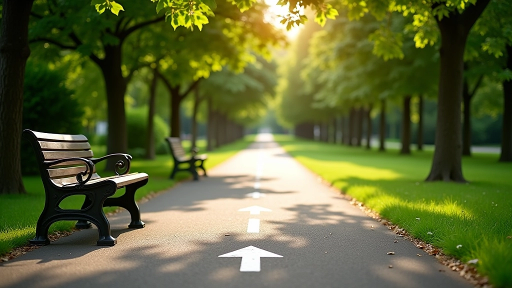 Paved pathway through park with clear directional markings and accessible street furniture