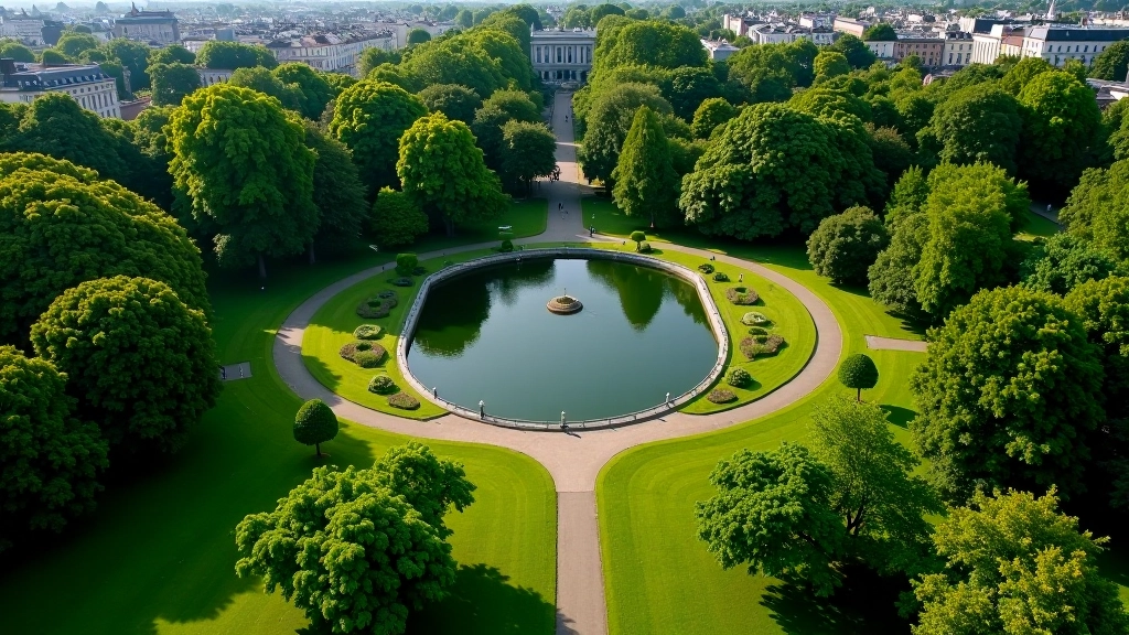 Aerial view of St Stephen's Green showing the oval shape of the park with tree-lined pathways and the central lake surrounded by green lawns