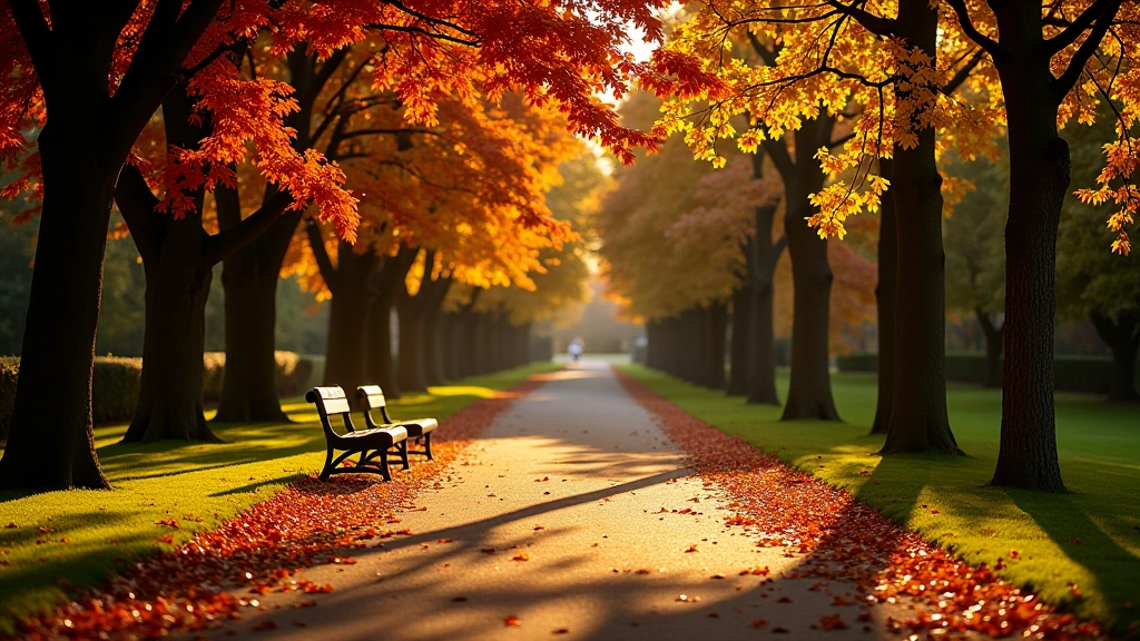 Autumn park with golden and red foliage trees, fallen leaves on pathways, warm sunlight creating long shadows, park benches surrounded by colorful trees