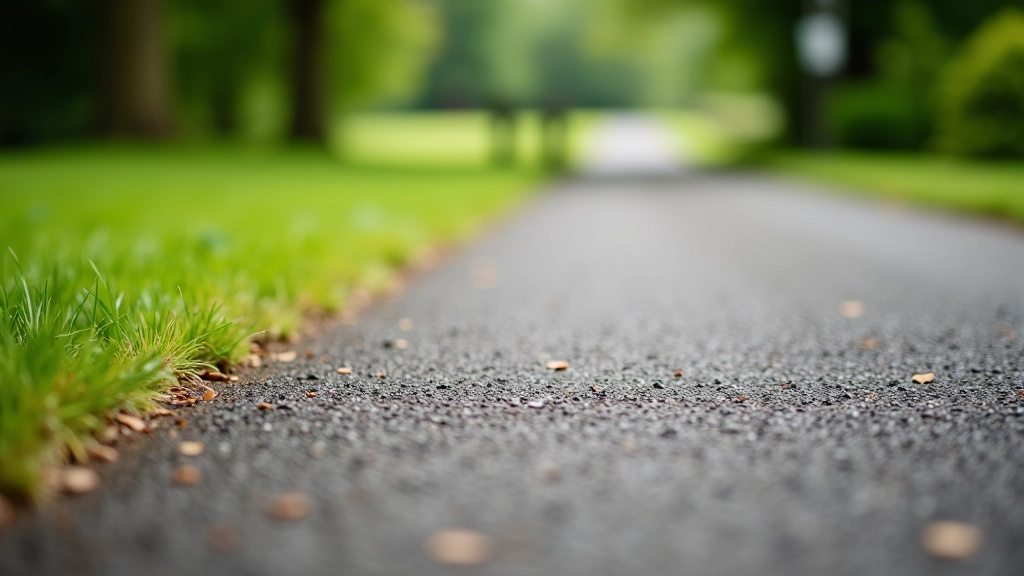 Close-up of different park pathway surfaces showing tarmac, gravel, and grass edges