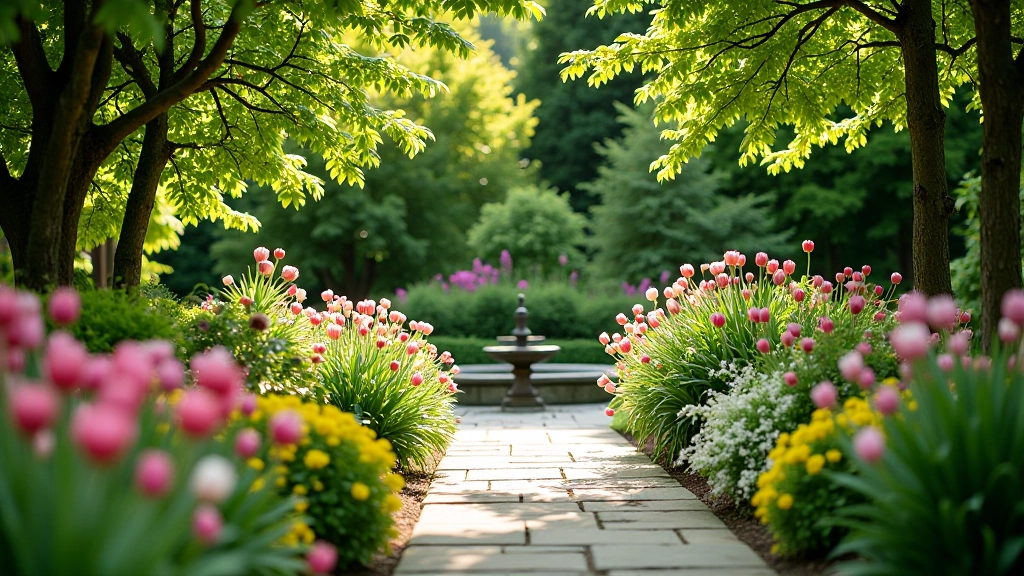 Serene garden with flowering plants and water features