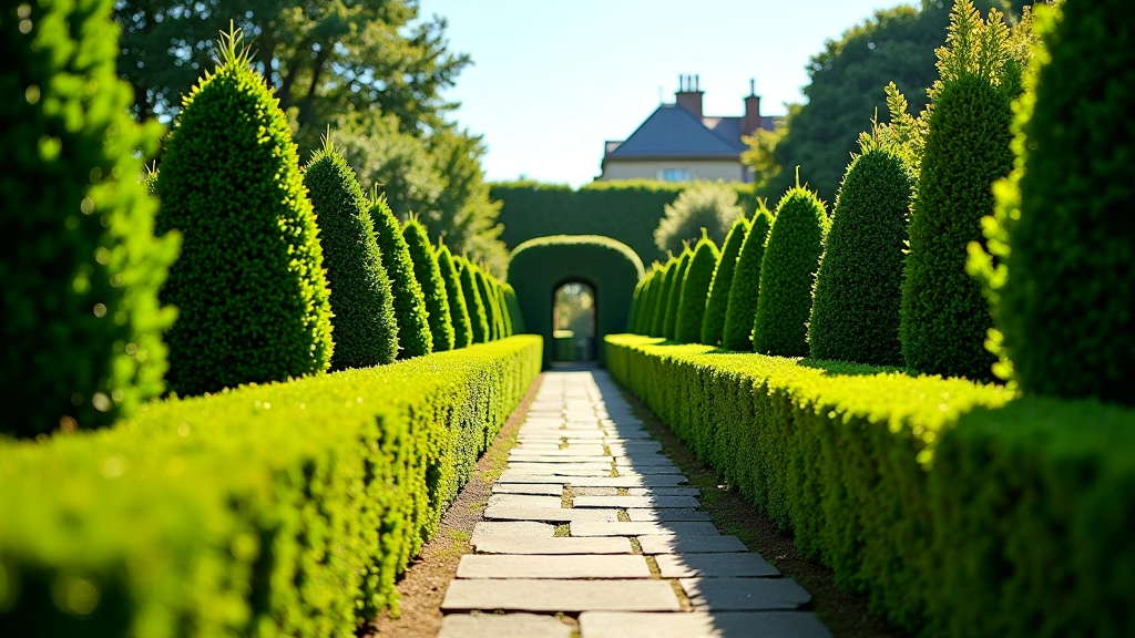 Manicured lawn and hedge maze in Victorian gardens with stone pathways