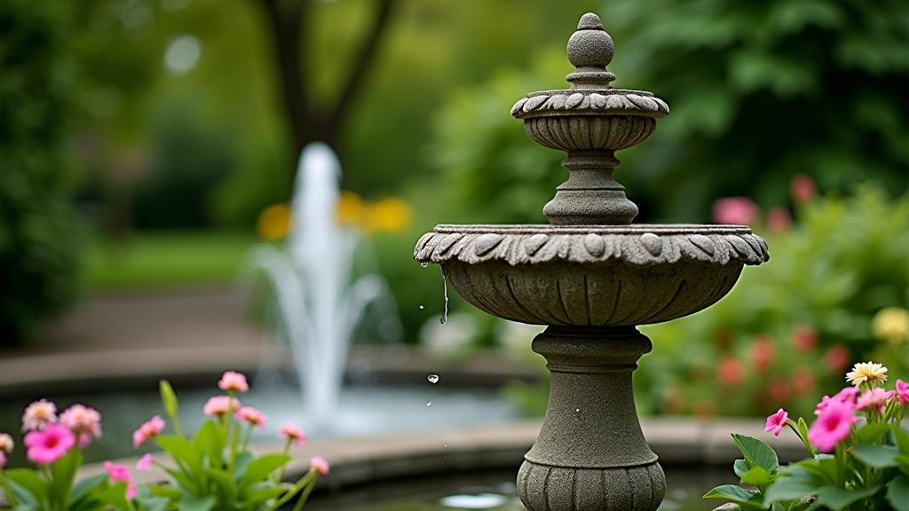 Stone fountain with water features in peaceful garden setting surrounded by flowering plants