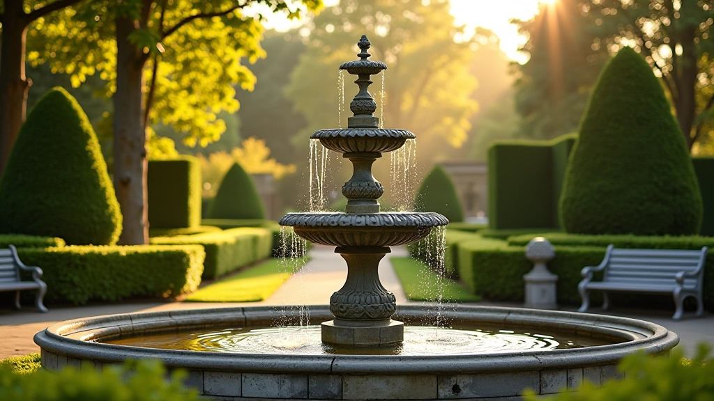 Historic Victorian fountain surrounded by manicured gardens and peaceful seating areas