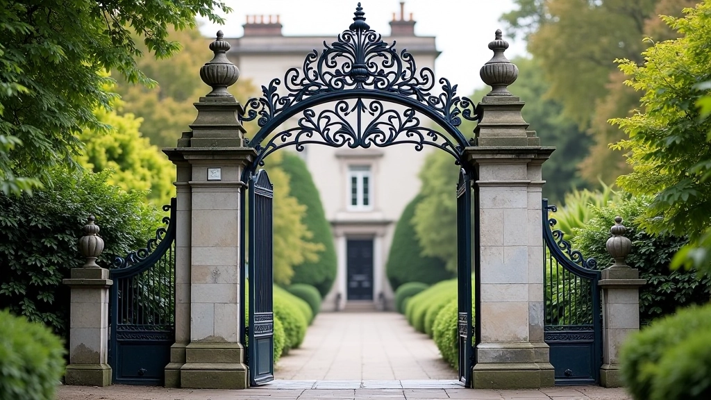 Entrance gate and signage to Victorian gardens with stone archway