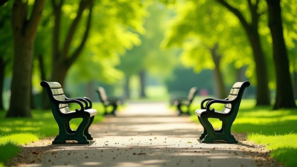 Variety of park benches showing different styles with armrests and backs in natural park setting