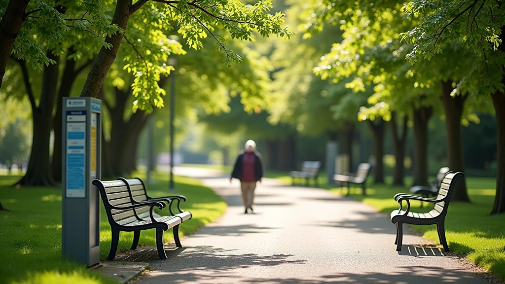 Park facilities signage and amenities including seating area with shade and clear pathways