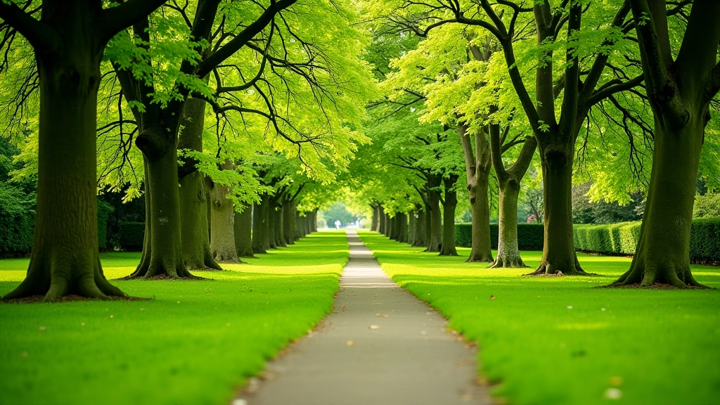 Lush green park landscape with mature trees, walking trails, and peaceful outdoor environment ideal for leisurely strolls
