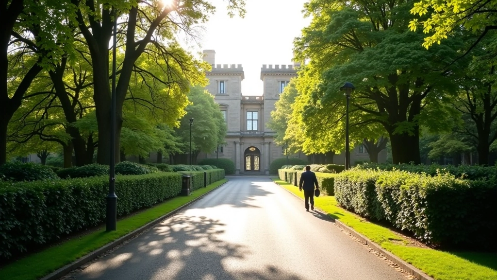 Wide pathway at St Stephen's Green entrance with Victorian buildings in background and mature plane trees providing shade