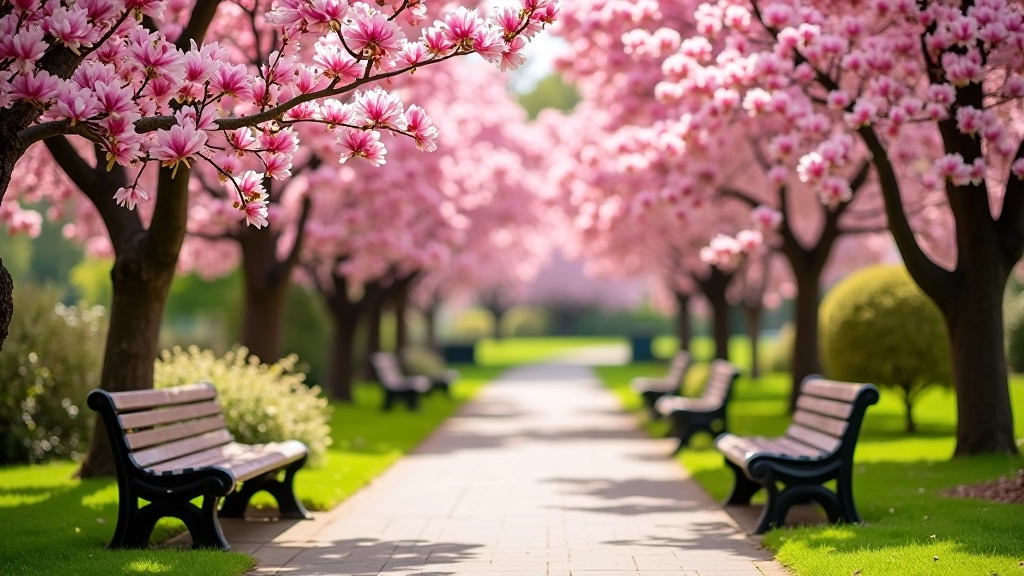 Spring garden with blooming cherry blossoms and pink magnolia flowers, manicured park pathway lined with flowering trees