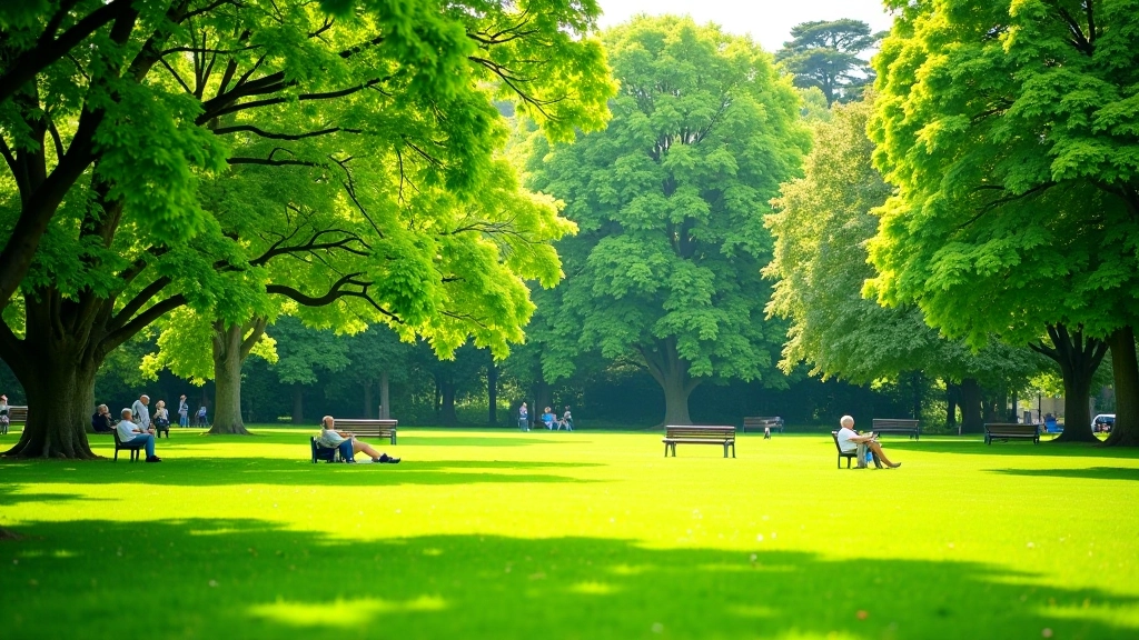Summer park scene with lush green lawns, families relaxing on grass, park furniture under full leaf canopy with bright sunshine