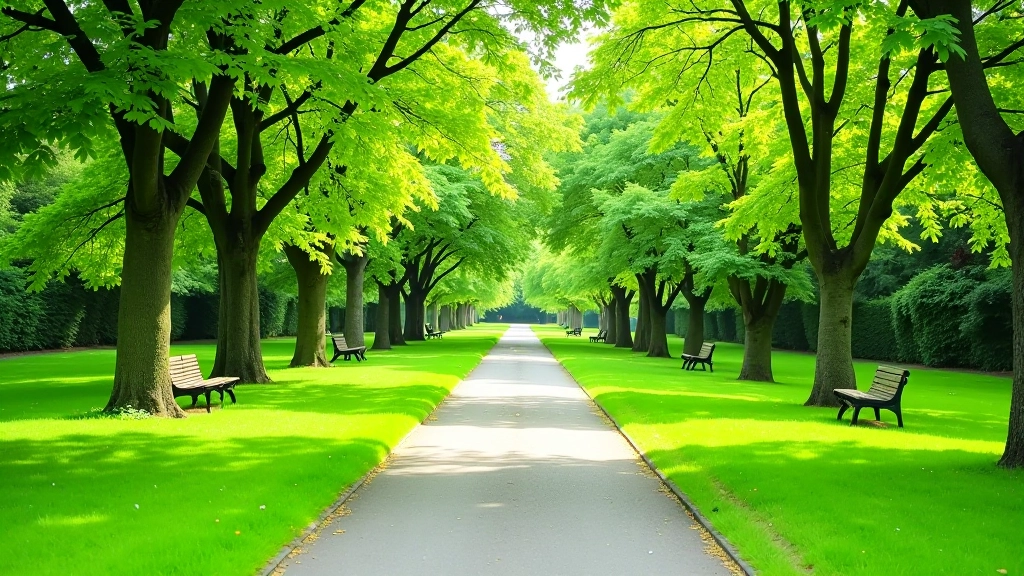 Serene Dublin park with manicured gardens, walking paths, and peaceful seating areas surrounded by mature trees