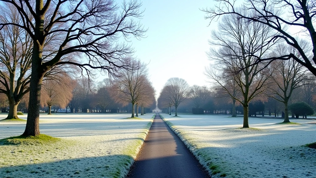 Winter park with bare tree branches, frost or light snow on grass, clear blue sky, park pathway with minimal visitors